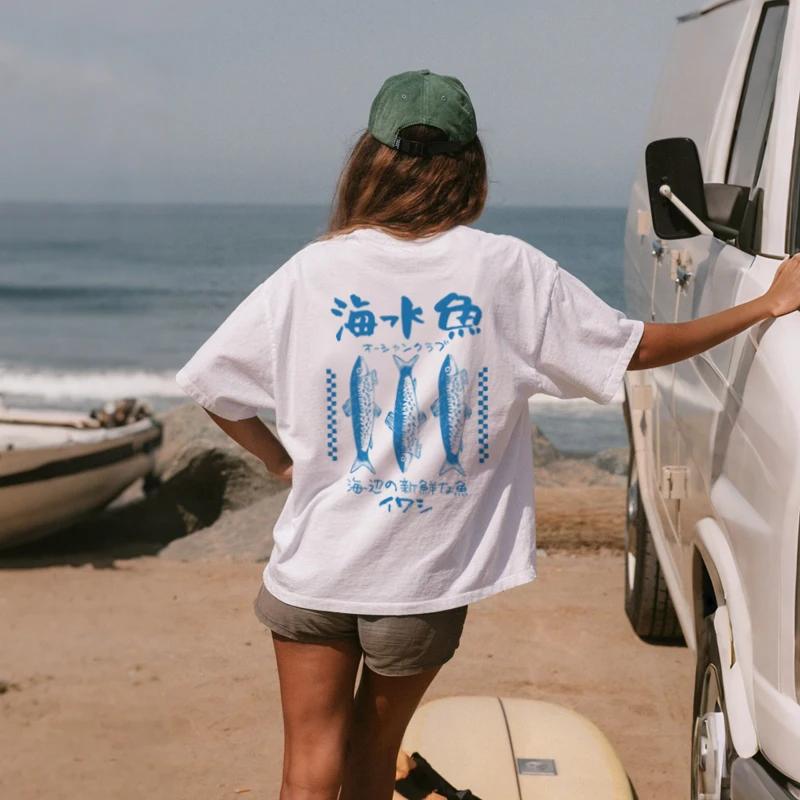 

Japanese Sardine Back Print TShirt Vintage Coastal Seafood Shirt Streetwear Graphic Tee Unisex Women Vacation Top Oversized S