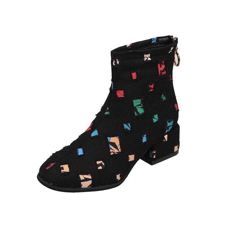 Spring and Autumn New Round Head Short Boots Thick Heel Denim Boots Martin Boots
