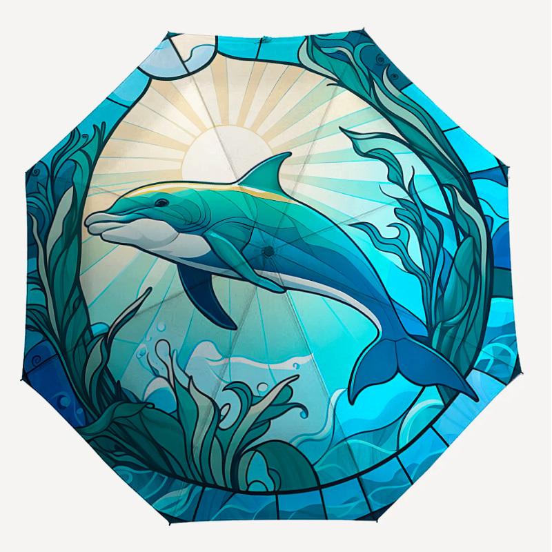 1PC Dolphin Stained Glass Automatic Open/Close Umbrella with Windproof, 8-Rib Sturdy Canopy, Durable Ribs, Fashionable Design,1248A