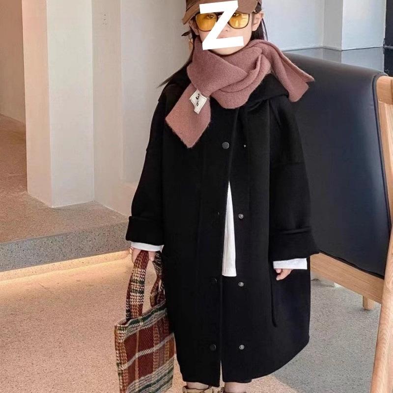 Korean Style Mid-Length Kids' Autumn/Winter Coat – Hooded, Long Sleeve, Cotton-Polyester for Girls.