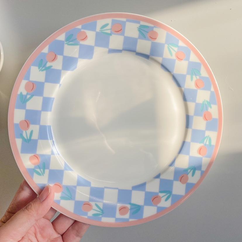 Ins Style High Appearance Lovely Chessboard Plate Blue and White Tulip Ceramic Plate Dessert Cake Salad Breakfast Plate Gift