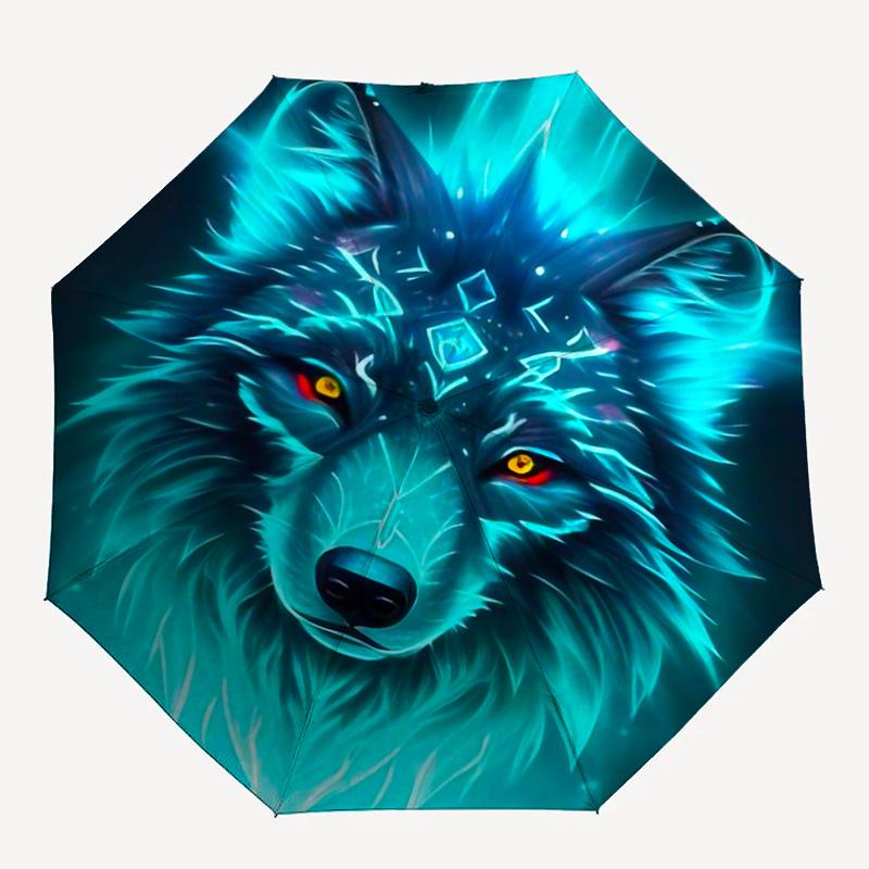 1pc Mystical Beast with Glowing Blue Fur Wolf Fully Automatic Folding Portable Umbrella, 8 Iron Frames, Three-Fold Design, Suitable for All Seaso