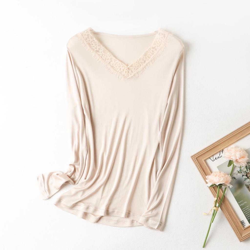 Yu Yue Women's V-Neck Silk Knit Long Sleeve Lace Trim Slim Fit Base Layer Top