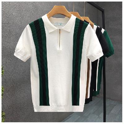 Sommer Koreanischer Stil Jugendlich Lässig Eisseide Slim Fit Herren Vertikal Gestreiftes Revers Gestricktes Kurzarm T-Shirt Business Poloshirt