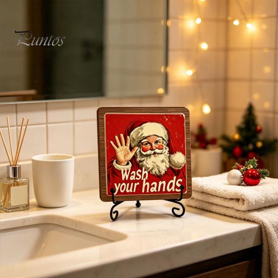 Christmas Hanging Ornament Wooden Tabletop Decor, 2D Pet Santa with Iron Stand, Rustic Festive Home Accents Holiday Sign for And Cafe Shelf,