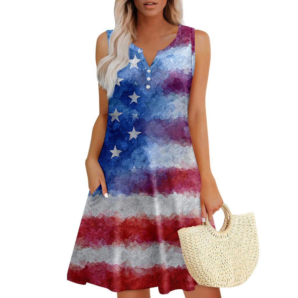 Damen Sommerkleider Lockeres V-Ausschnitt Ärmelloses Sommerkleid Kleid Mit Taschen