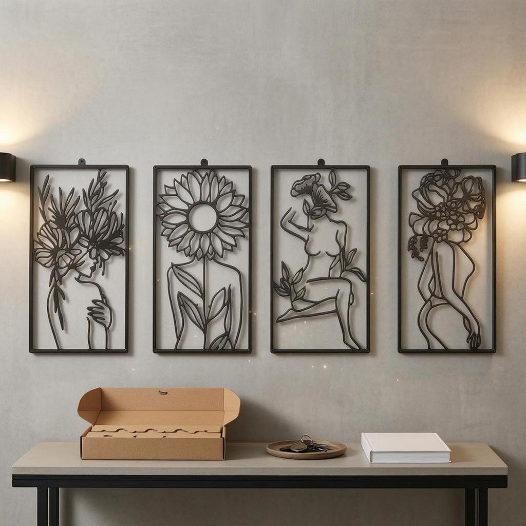 4 Pieces Abstract Female Line Openwork Minimalist Metal Drawing Figure