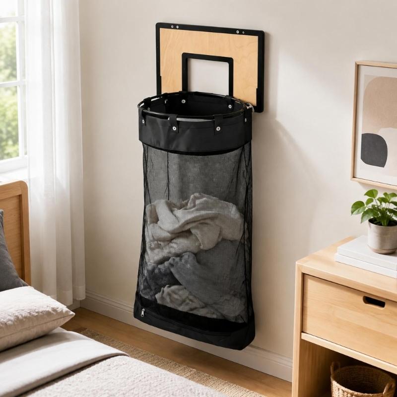 Wall-Mounted Basketball Laundry Hamper with Wood Rear Panel, Folding Steel Toss Frame, Removable Polyester Bag, and Lower Release Opening