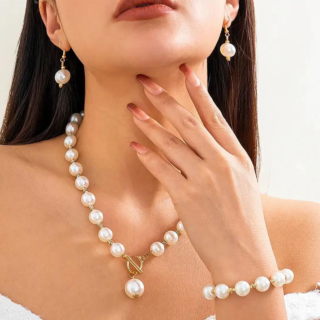 3 Stück/Set Faux-Perlen-Dekor Halskette Ohrring Armband Anzug Elegant Kurze Schlüsselbeinkette Halskette Alles Passende Schmuckaccessoires