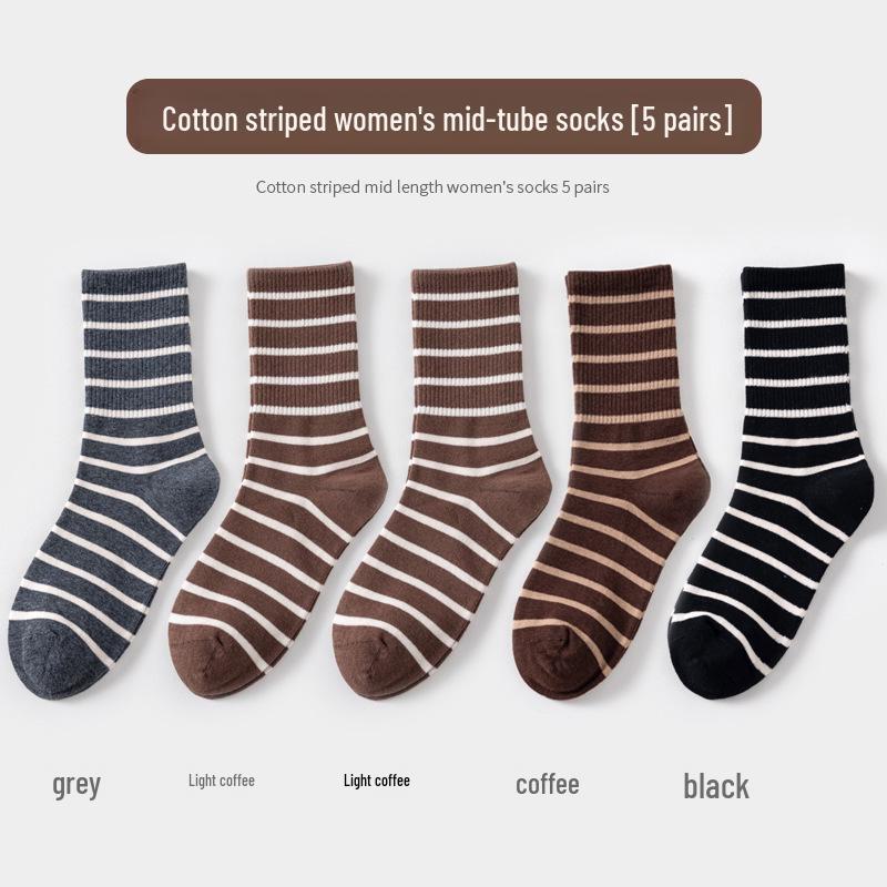 Maillard Women's Striped Mid-Calf Socks - Spring & Autumn Korean Style with Shark Pants