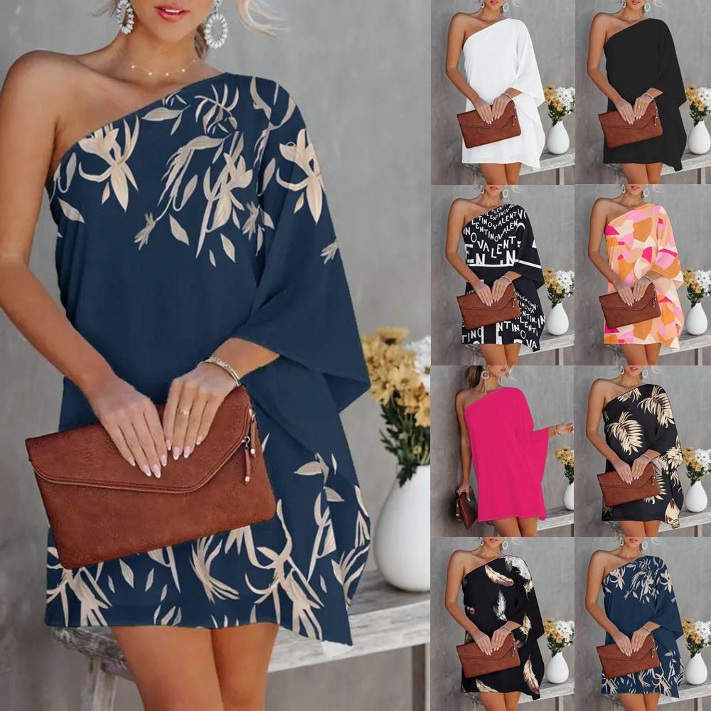 Mini Abito da Donna a Spalla Singola con Maniche Dolman Vestibilità Larga Stampa Floreale Casual Estivo