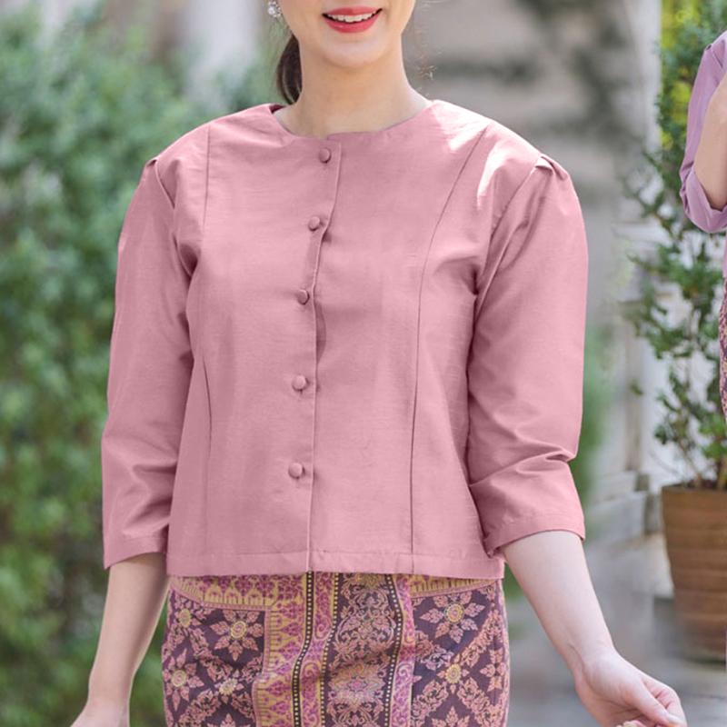 

ZANZEA Women Casual Round Neck Retro 3/4 Sleeve Satin Blouse M розовый