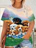 Plus Size - Plus Size - Plus Size Women'S Clothing Small Dog Graphic Print T-Shirt. Round Neck Short Sleeve Summer Top. Casual Outdoor Wear. Casual El