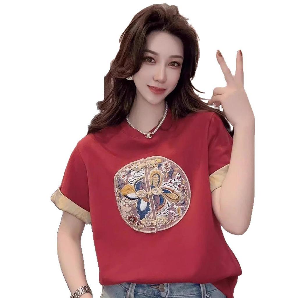 Women's Summer 2025 Color-Block Cotton Short Sleeve T-Shirt with Embroidered Chinese Style