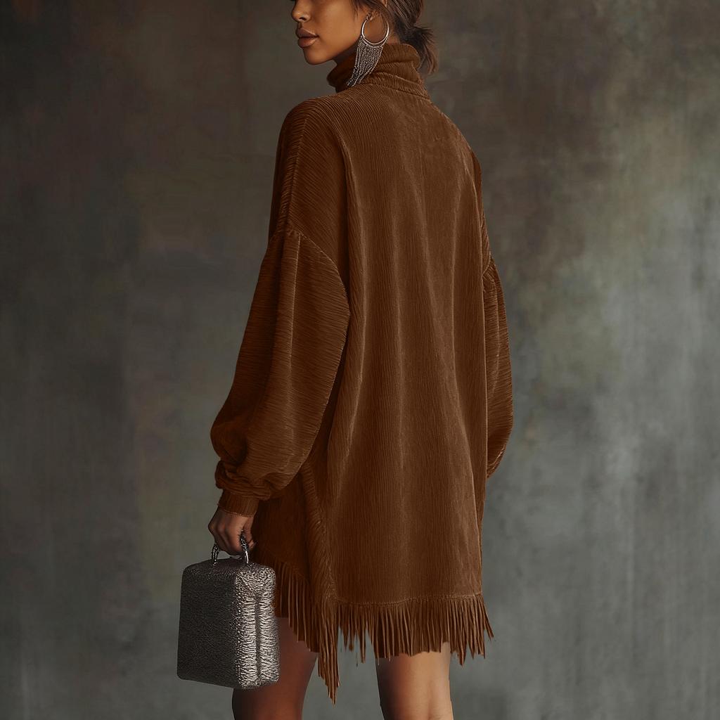 Women's Turtleneck Fringe Minied Dress, Ribbed Corduroy Dress, Casual Loose Color Pocket Dress