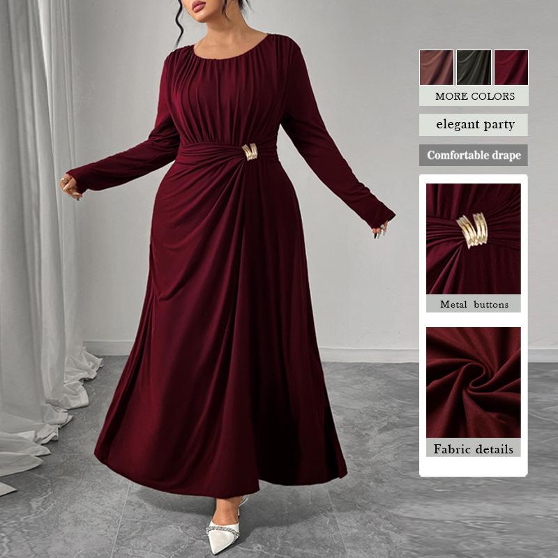 Women's Long Sleeve Pleated Belted Maxi Dress Comfortable Drape with Metal Buttons