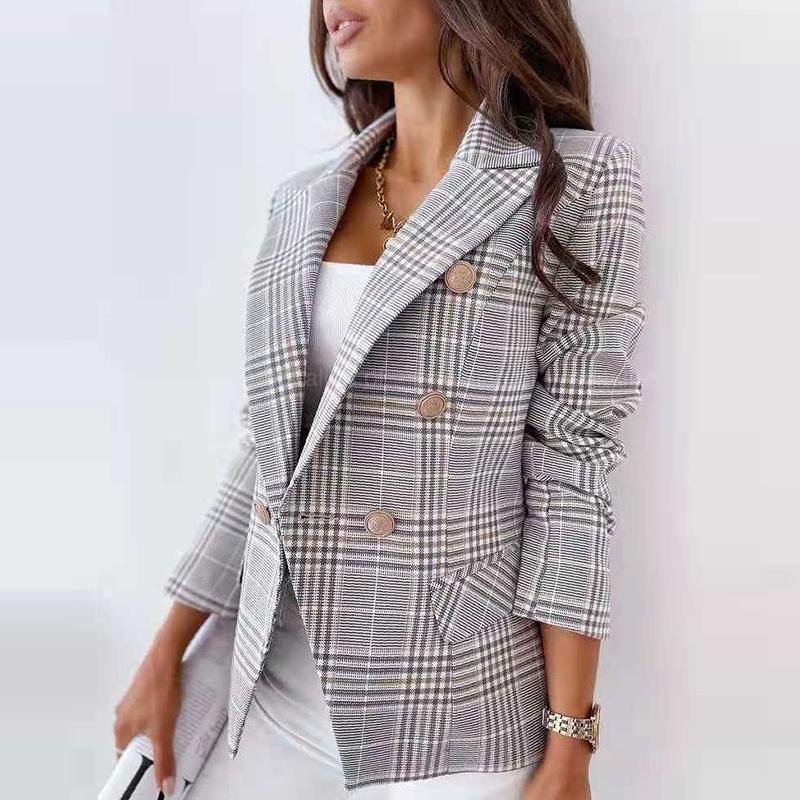 

Danmo офисный женский элегантный тонкий блейзер осенний кардиган с лацканами и пуговицами, куртка женская мода в клетку с принтом повседневный костюм пальто XL