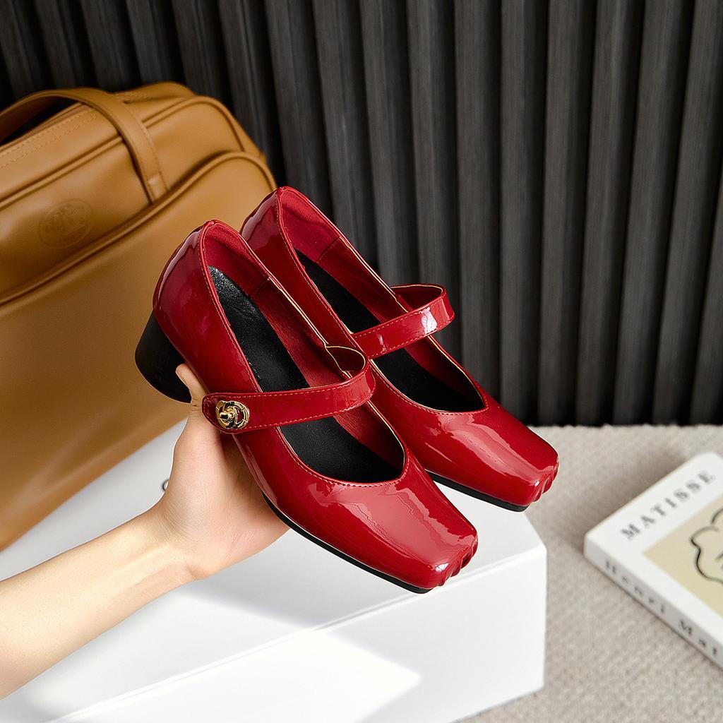 Red Mary Jane Shoes Women's High-heeled Thick-heeled Leather Shoes Spring 2025 New One-button Small Leather Shoes