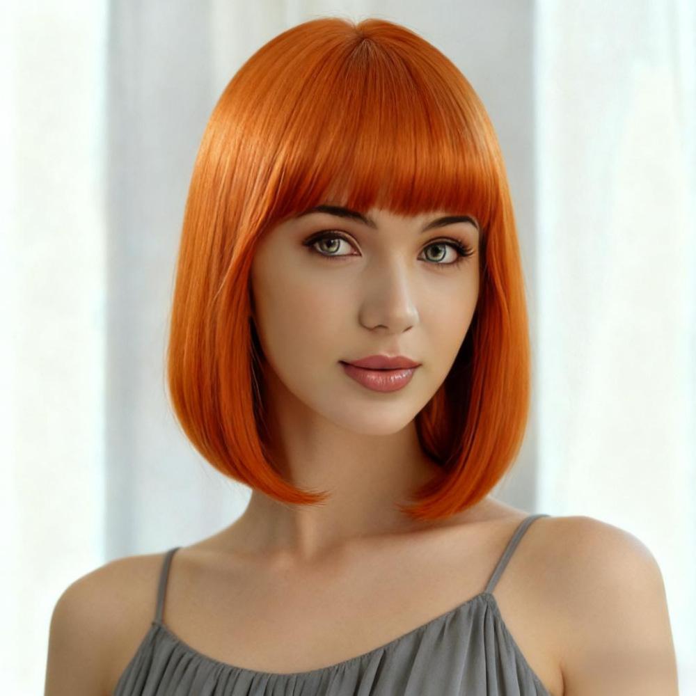 Synthetische kurze schwarzbraune blonde Perücken mit Pony für Damen, natürliche orange, pink, grau, gelbe Wellenhaare für tägliches Cosplay, Hochtemperaturfaser