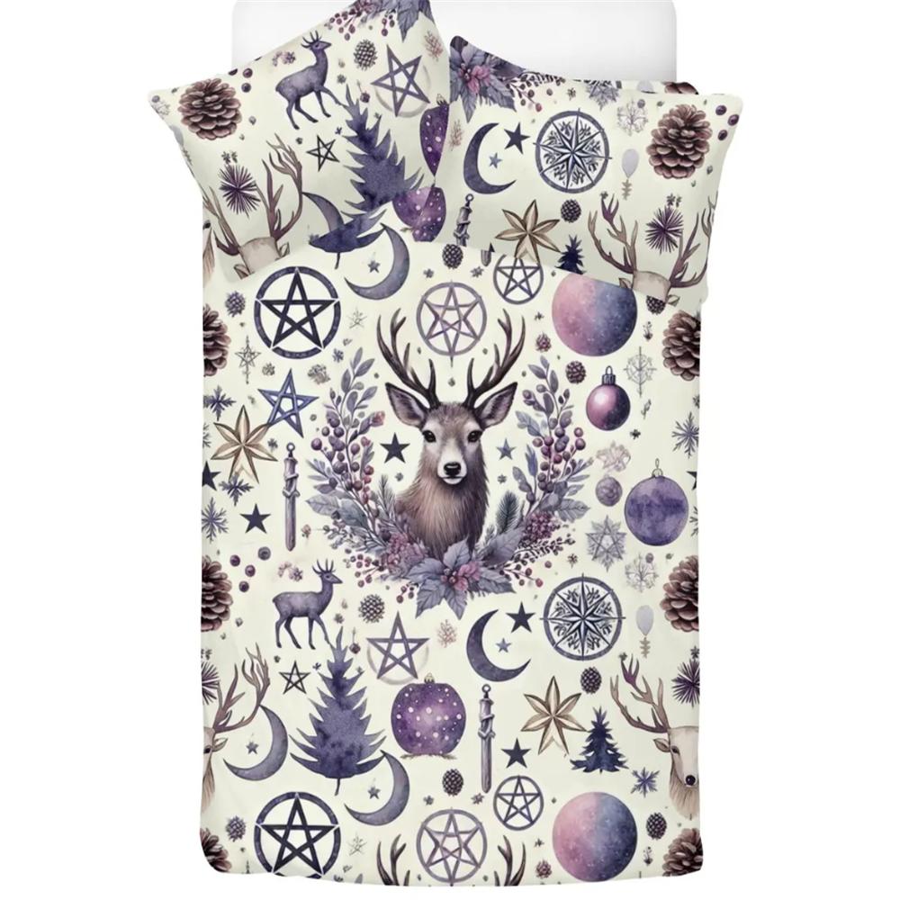 Cottagecore Winter Deer Forest 3 Pcs Beddings Pine Christmas Bedroom Decor Purple Holiday Vibe Duvet Cover Pillowcase Set