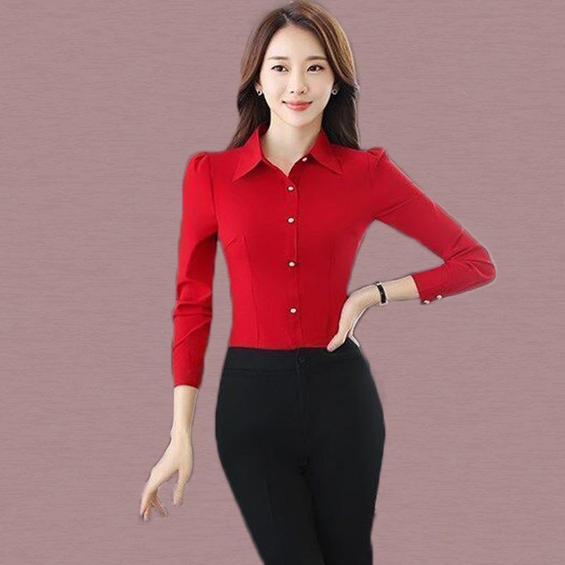 Red Black Shirt Women's Long-sleeved Solid Color Korean Style Business Attire Formal Decoration Tops Bottoming Shirt