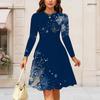 Women Plus Size Round Neck Long Sleeve Dark Blue Snowflake Printed A Line Dress