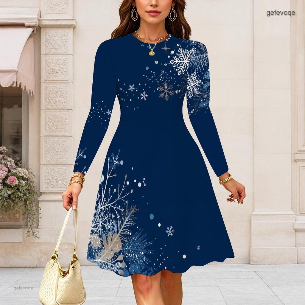 Women Plus Size Round Neck Long Sleeve Dark Blue Snowflake Printed A Line Dress