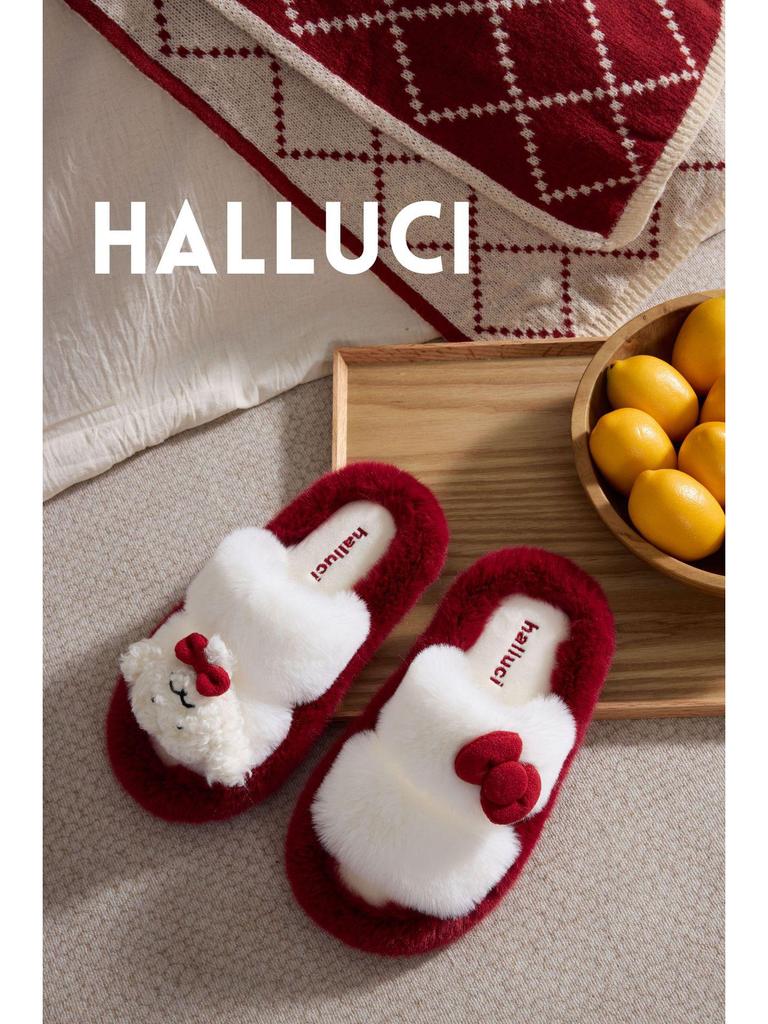 Zimní dámské plyšové pantofle s mašlí, protiskluzové