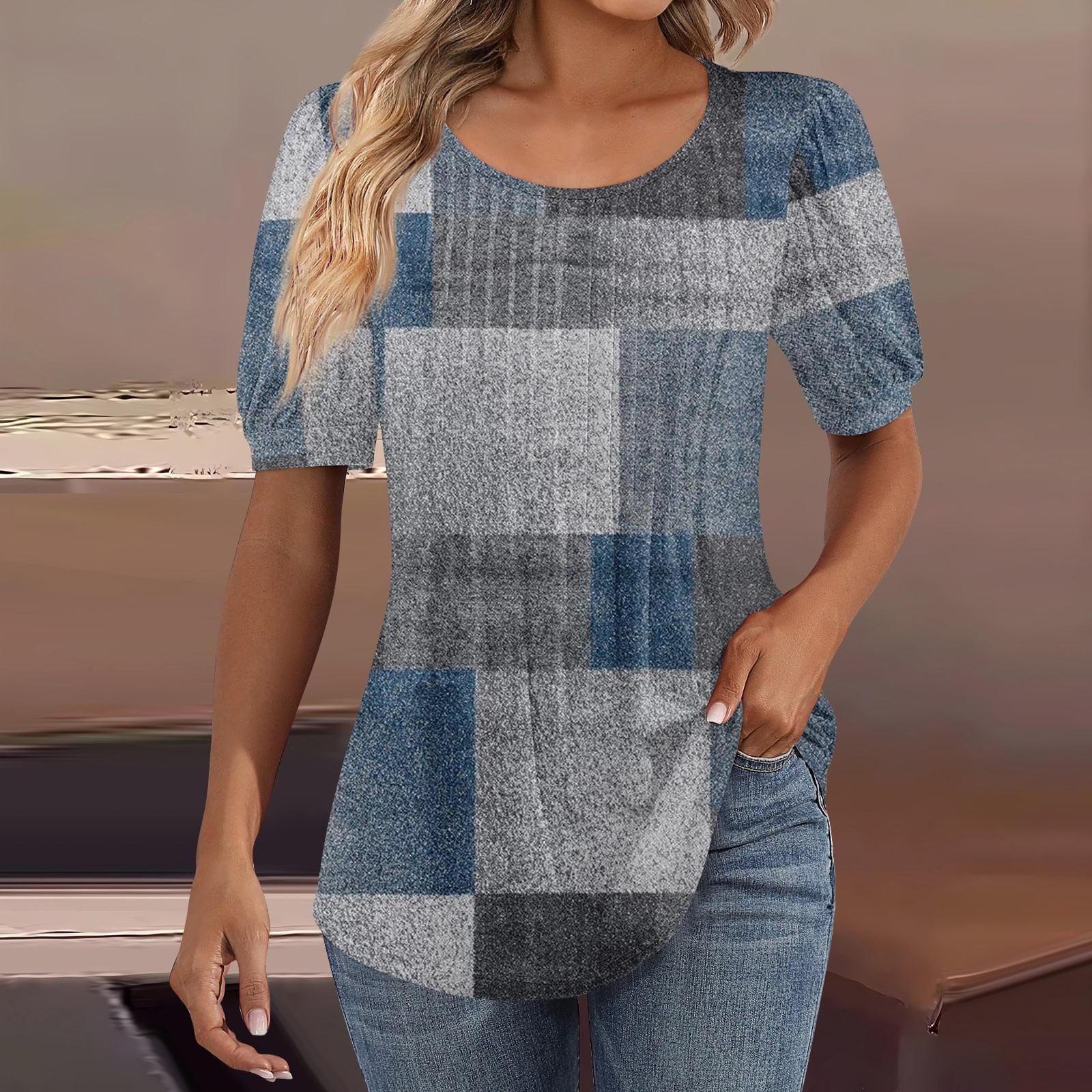 

Женские пышные туники с короткими рукавами, топы, плиссированные блузки с воротником, повседневные свободные весенне-летние футболки XXXL синий