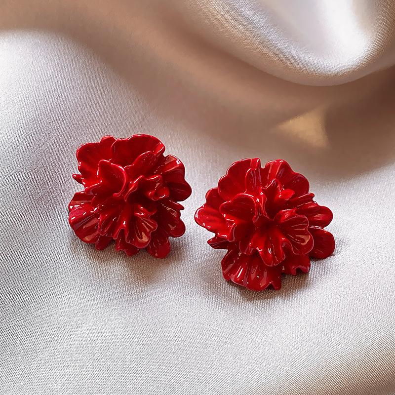 Orecchini a bottone smaltati a forma di fiore piegato 3D color rosso acceso per donna, personalità, temperamento, gioielli minimalisti