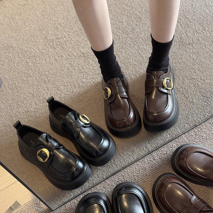 Britischer Stil kleine Lederschuhe Damen Frühling 2025 neu Muffin dicksohlig runde Zehe vielseitige Klettverschluss schwarze Slipper