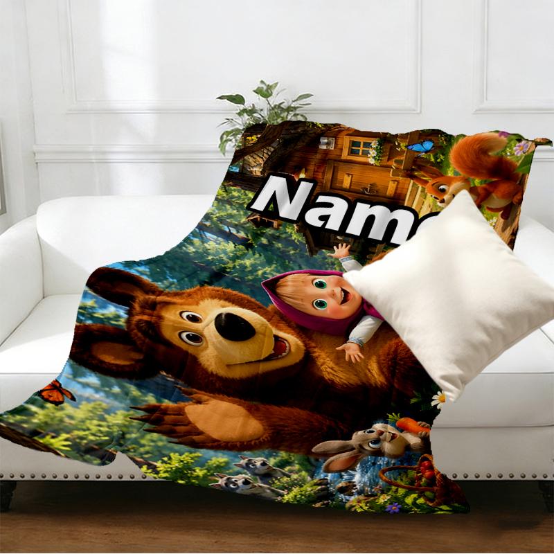 Custom Name Personalized Masha and The Bear Print Blankets, Home Decor, Bedroom, Sofa, Camping, Couch, Gifts for Birthday Christmas