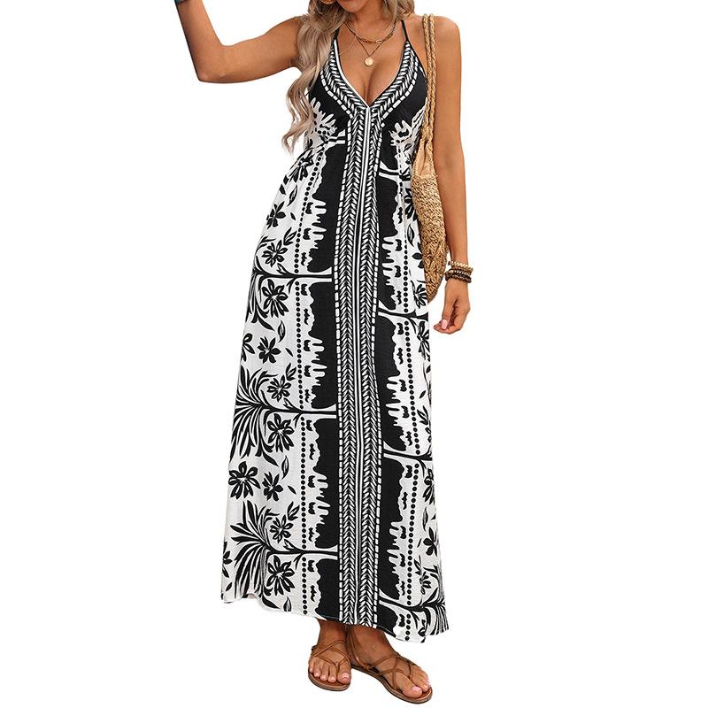 Spring and summer new holiday style suspender dress European and American ethnic bohemian long dress women