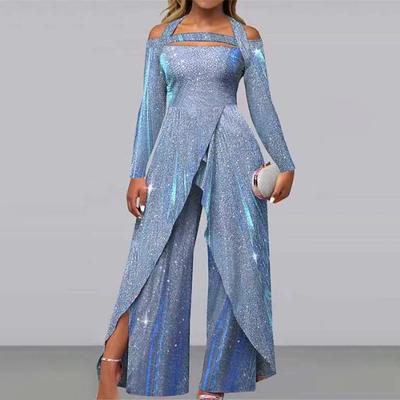 Women's Summer Sequins Slant Lapel Mid Waist Temperament Commuter Jumpsuit