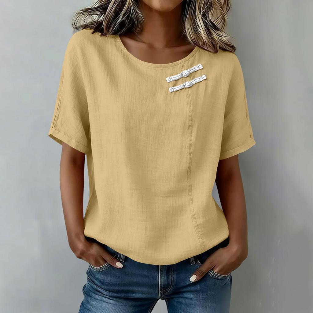 Women Short Sleeve Round Neck Button Shirt Casual Linen Blend Top Lightweight Breathable Summer Blouse with Decorative Buttons