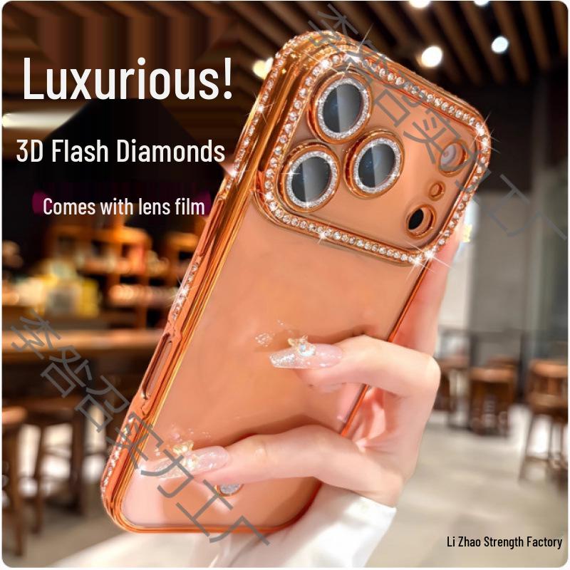 iPhone 17 Pro Max Rhinestone Lens Case: Drop-Proof, Electroplated Soft Shell, Transparent, Compatible with iPhone 14/13