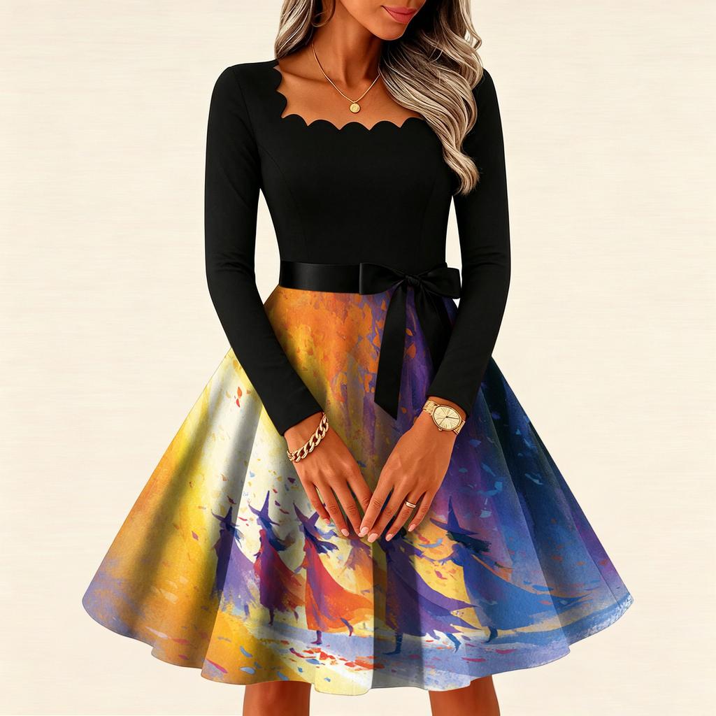 Women's Vintage Long Sleeve Square Neck Halloween Printed Party Dress for Evening Wear