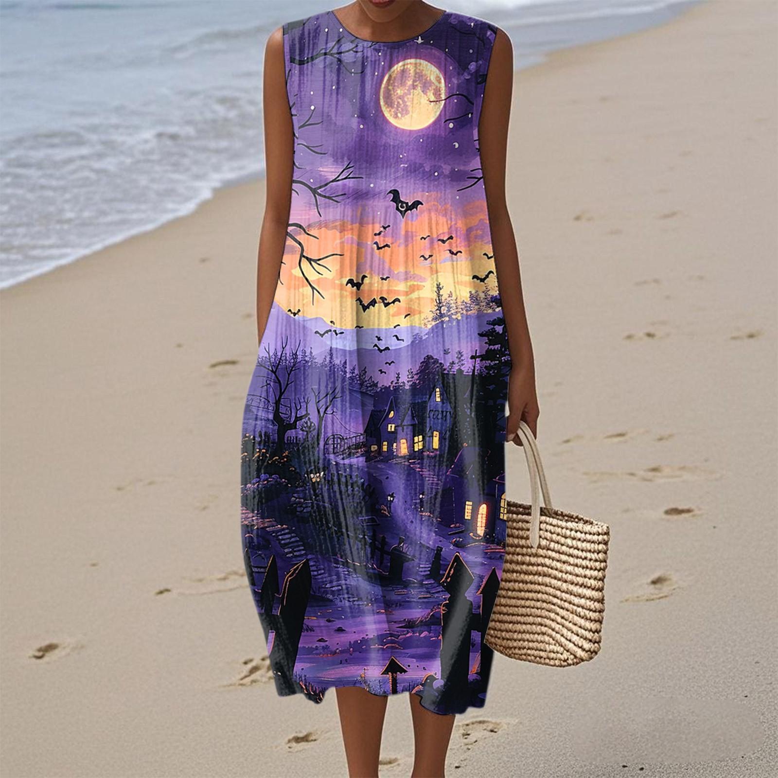 

Женское модное повседневное платье без рукавов с круглым вырезом и молнией, с принтом на Хэллоуин, элегантное и темпераментное L