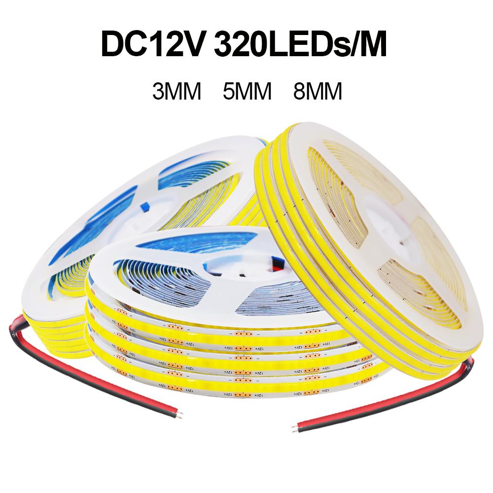 5V 12V COB LED Strip Light Ultra Thin 3MM 5MM 8MM Flexible Tape 320Leds/m RA90 Dimmable Linear Lighting Warm Natural Cool White