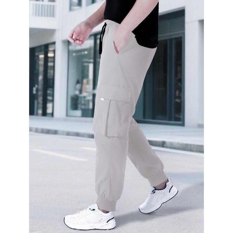 Mens Casual Drawstring Multi Pockets Straight Long Work Cargo Pants