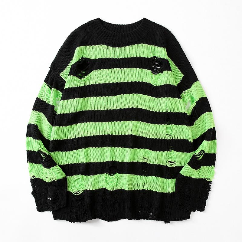 

Men s Striped Distressed Jacquard Loose Knit Sweater with Hollow-Out Round Neck L