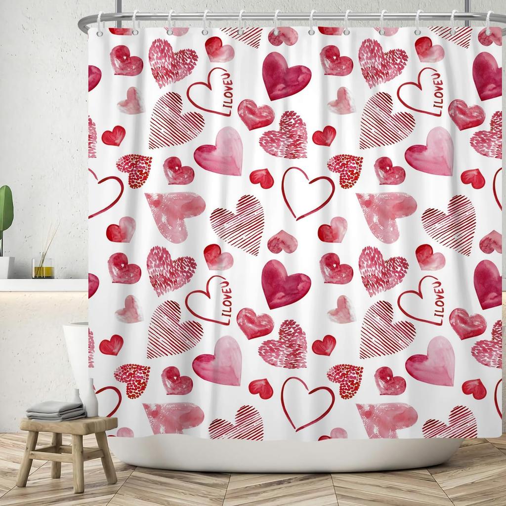 Valentines Day Shower Curtain Romantic Love Drawing Art Red Heart Shower Curtains Mother's Day Shower Curtain for Shower Decor Sets for Bathroom
