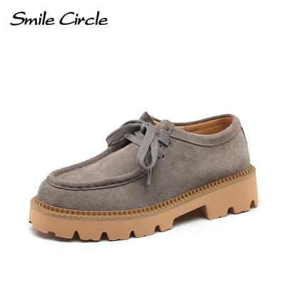 Cow Suede Chunky Women Shoes Round Toe Lace Up Thick Shoes Fashion Casual Women Flat Shoes