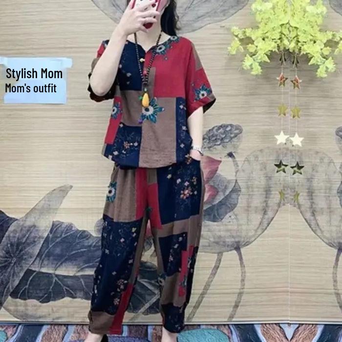 

Стильный летний комплект из двух предметов большого размера для женщин: Свободный топ с коротким рукавом и брюки, скрывающие живот L красный