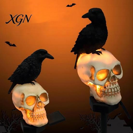 Weatherproof Solar Lights for Outside LED Crow Skull Light, Waterproof Halloween Pathway Gothic Horror Party Gifts Collectors on Skeleton Head