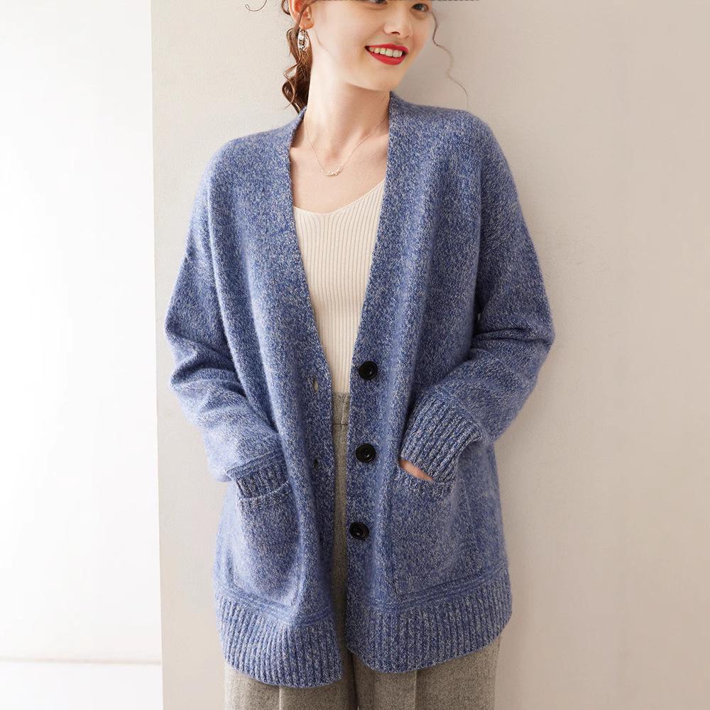 Women's V-Neck Cashmere Knit Cardigan - Autumn/Winter, Long Sleeve, Thick, Stylish & Versatile.