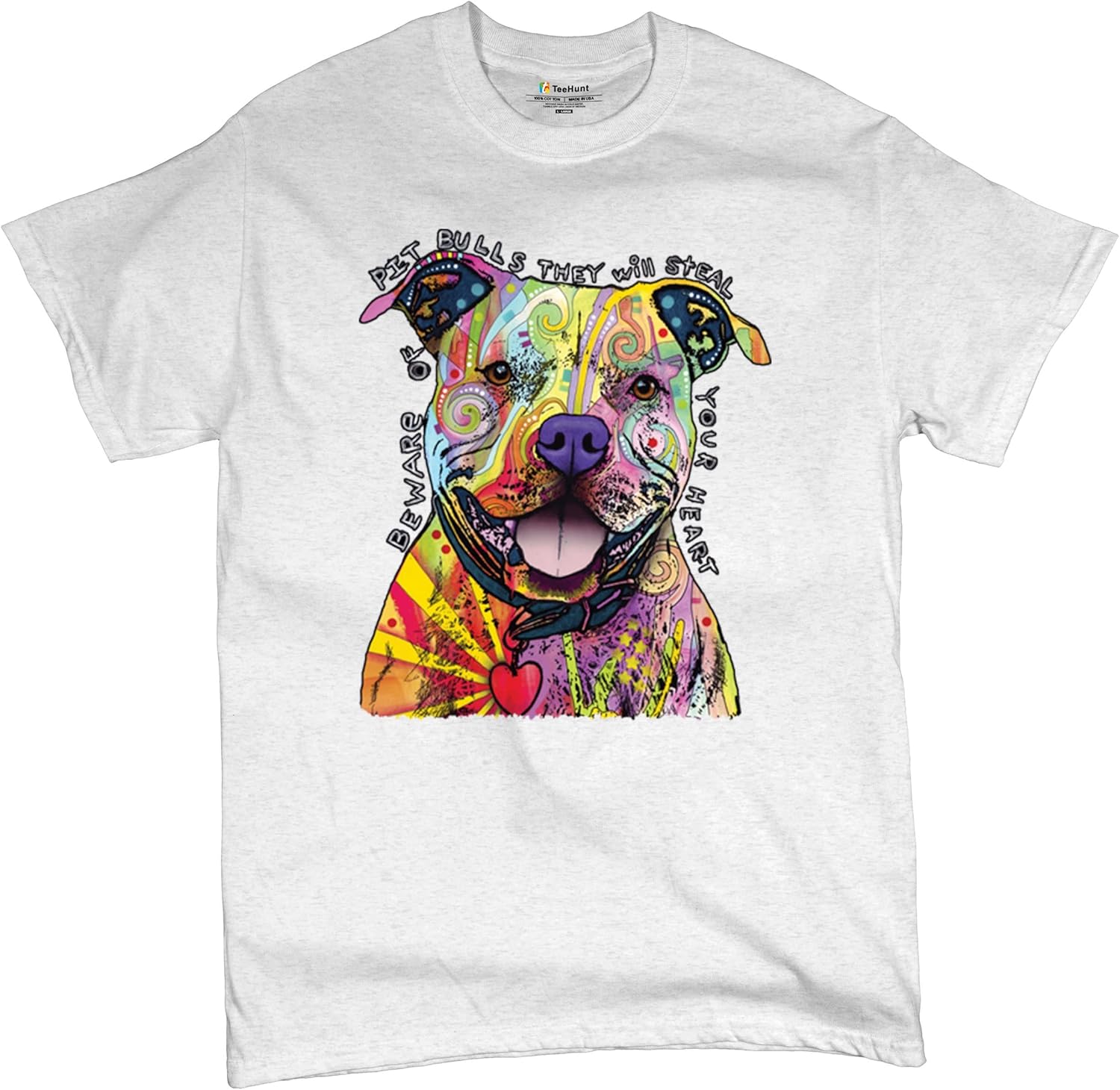 Beware of Pit Bull T-Shirt Dean Russo Art Colorful Cute Dog Men s Tee S