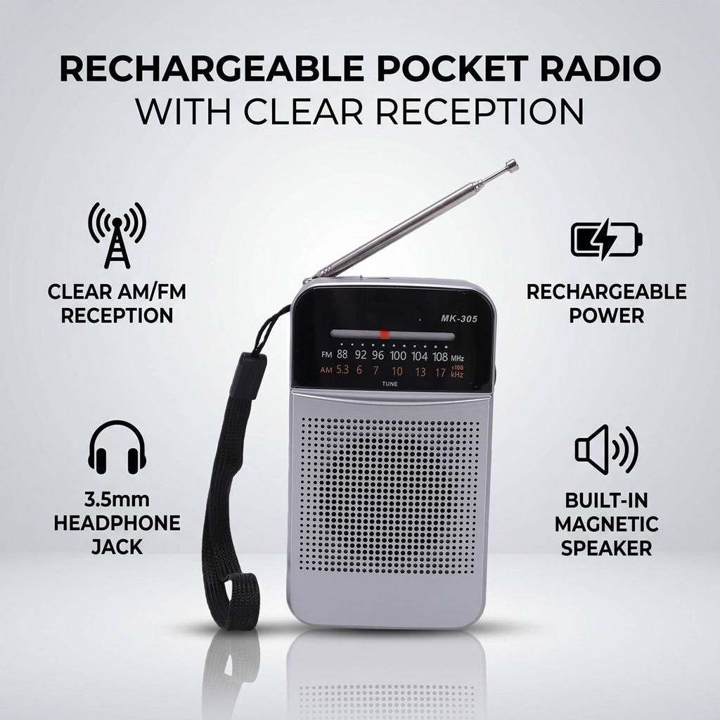 Portable FM AM Radio Rechargeable Portable Pocket Radio with Loud Speaker and Headphone Jack for Home Gray