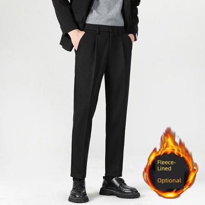 Men's Fleece-Lined Woolen Trousers, Korean Style, Trendy Straight-Leg Business Casual Suit Pants for Autumn and Winter