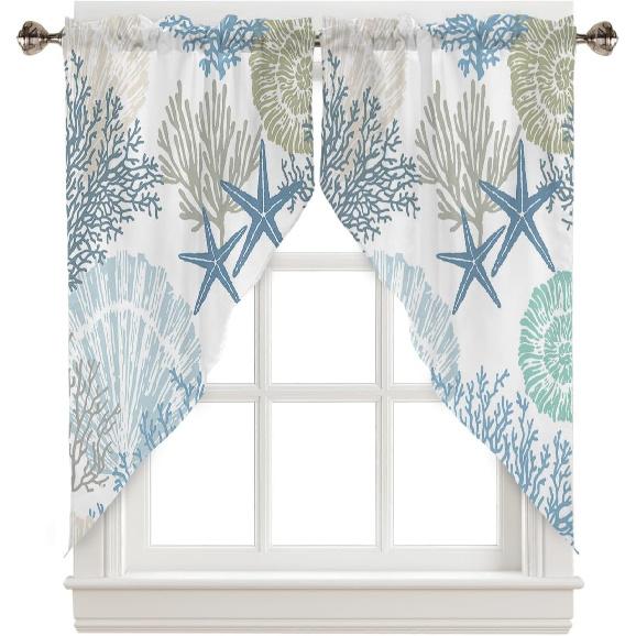 Swag Curtain Valances Nautical Coastal Ocean Coral Short Swag Topper for Small Windows Beach Themed Blue Teal Window Curtain Tiers for Kitchen